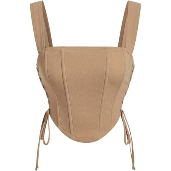 Women's Square Neck Wide Straps Bustier Tank Top Khaki - Picture 1 of 5